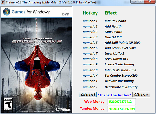 神奇蜘蛛俠2十三項(xiàng)修改器 +13 v1.0.0.1 綠色版 0
