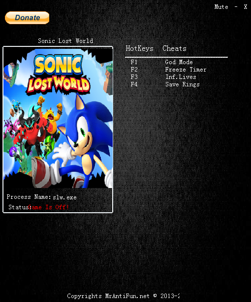 索尼克失落的世界四項(xiàng)修改器 v2.0 MrAntiFun版 0
