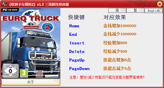 歐洲卡車模擬2三項(xiàng)屬性修改器 v1.3 綠色版 0