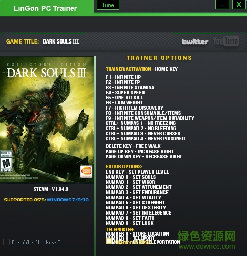 黑暗之魂3二十二項(xiàng)修改器Lingon版 v1.04 綠色版 0