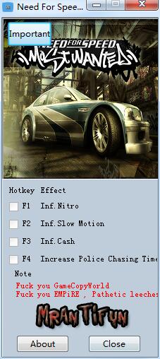 極品飛車17最高通緝四項修改器 v1.0 MrAntiFun版 0