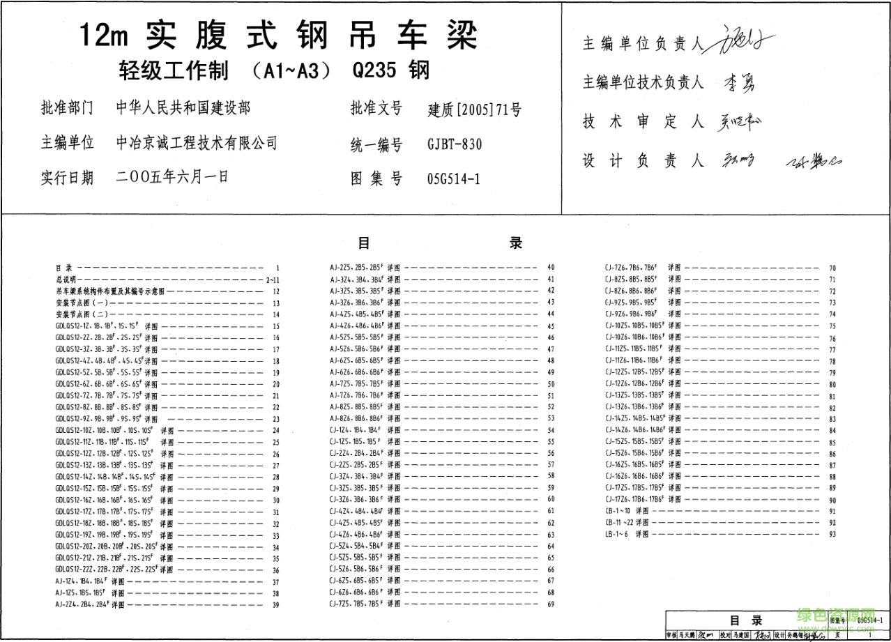 05g514-1 12m實(shí)腹式鋼吊車梁輕級(jí)工作制圖集 pdf高清電子版 0