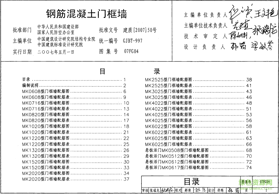 07FG04钢筋混凝土门框墙图集 pdf高清电子版0