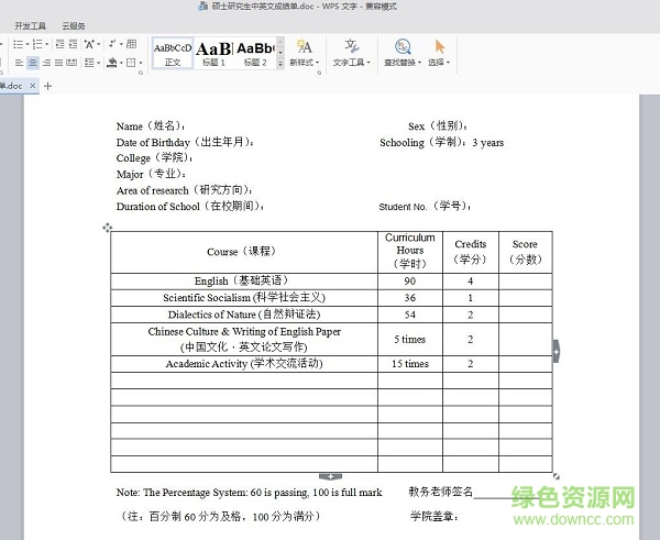研究生英文成績(jī)單模板
