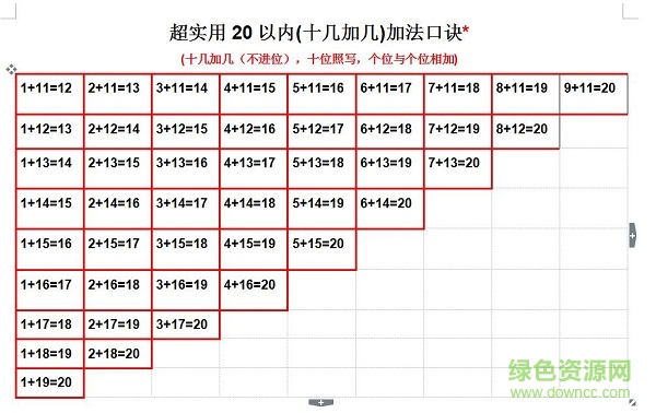 20以內(nèi)加減法口訣表打印版